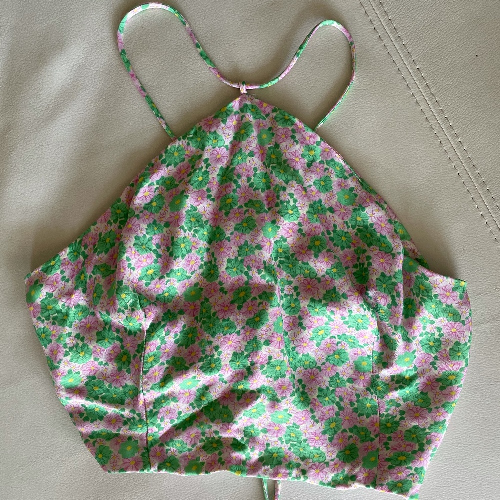 Green Crop Top with pink flowers